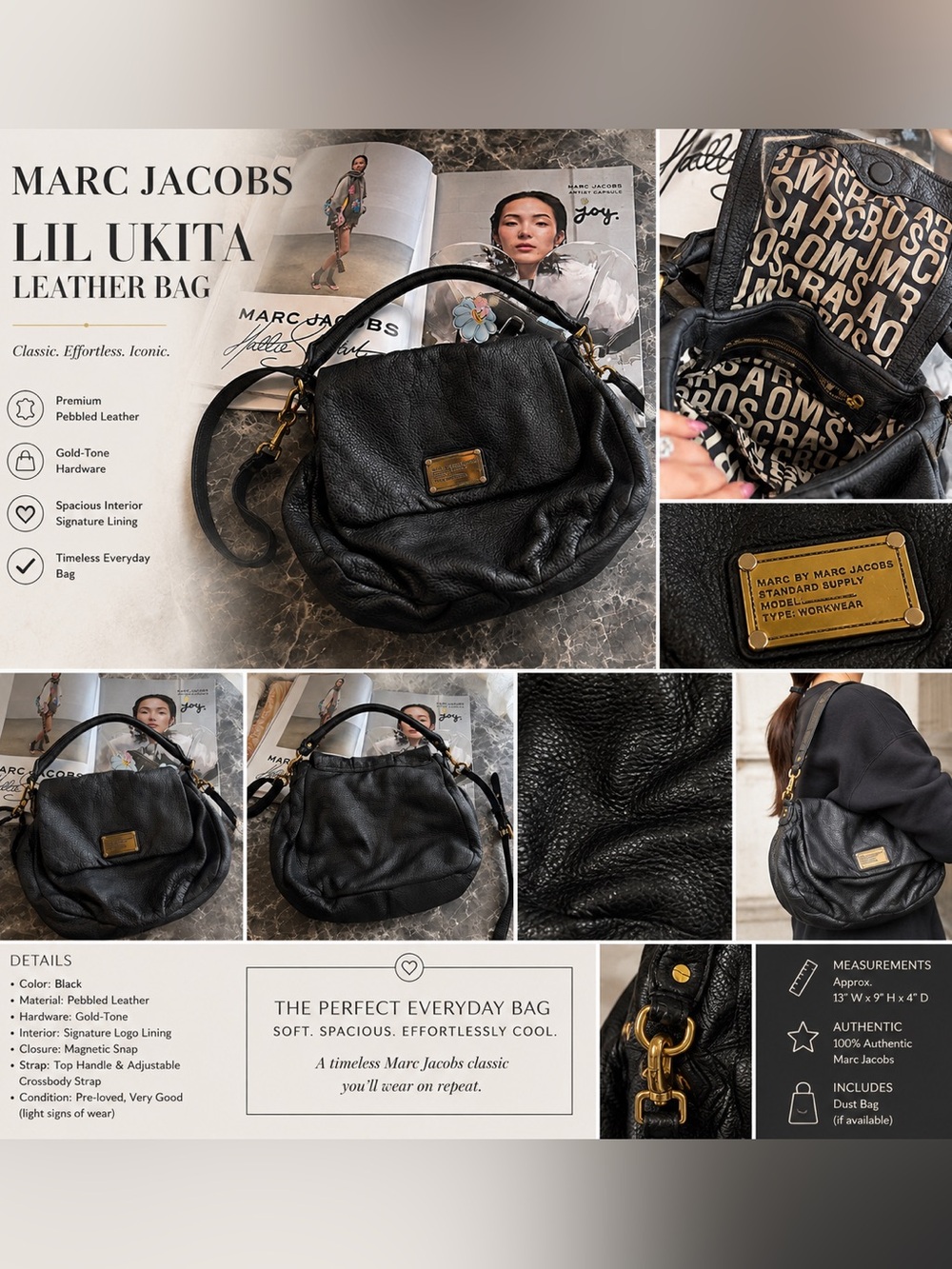 Marc Jacobs Black Pebbled Leather Lil Ukita Shoulder Bag with Gold Hardware